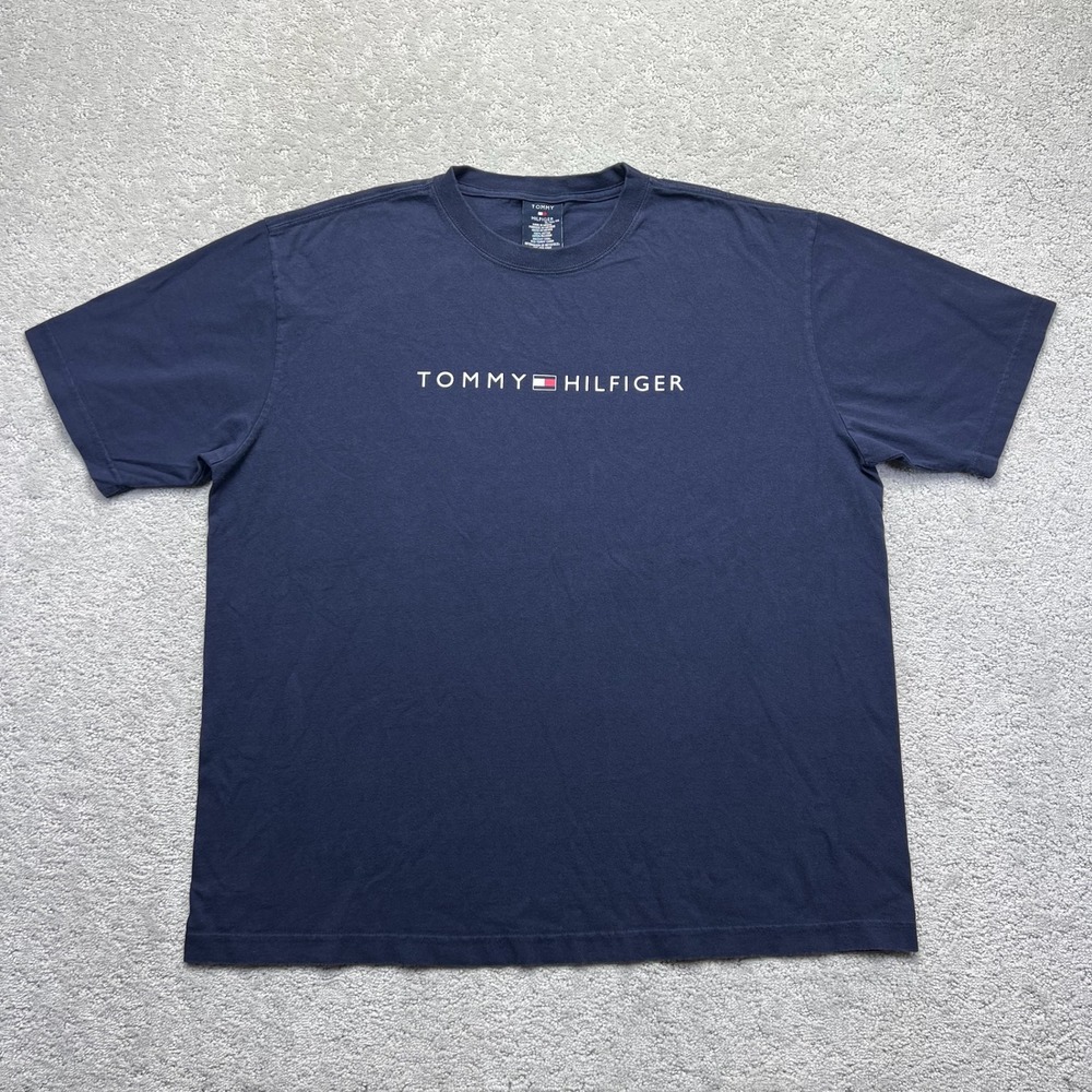 VINTAGE Tommy Hilfiger T-Shirt Mens XL Navy Blue SPell Out Logo Short Sleeve Y2k